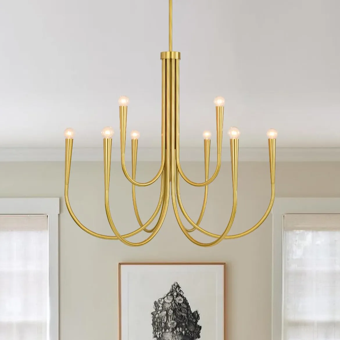 Brass Mid-Century Minimalist Tiered Candle Style Chandelier