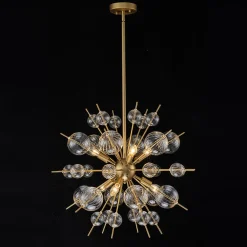 Brass Ribbed Glass Globe Bubble Sputnik Sunburst Chandelier
