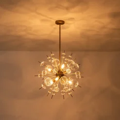 Brass Ribbed Glass Globe Bubble Sputnik Sunburst Chandelier