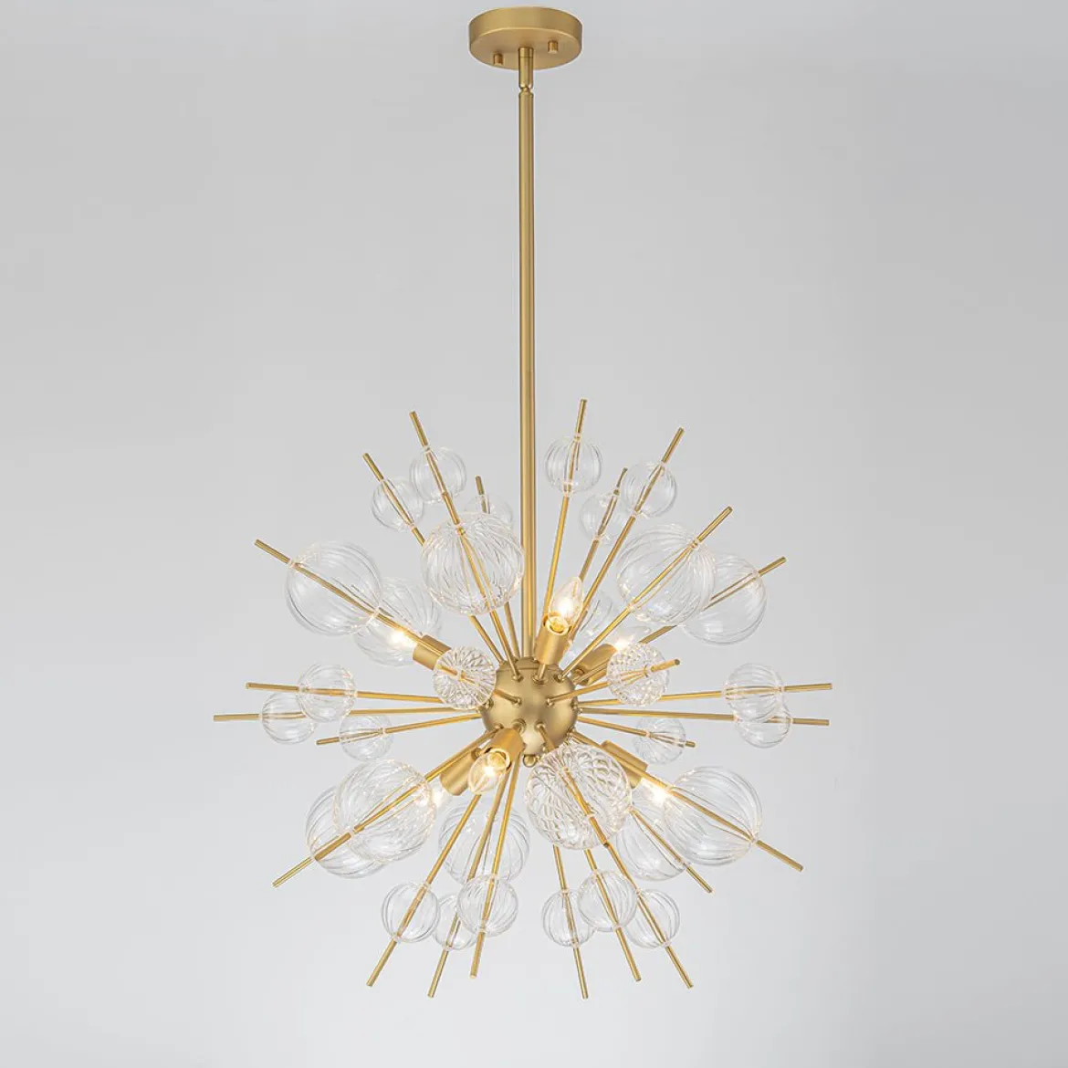 Brass Ribbed Glass Globe Bubble Sputnik Sunburst Chandelier