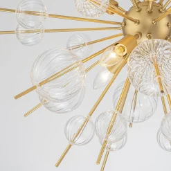 Brass Ribbed Glass Globe Bubble Sputnik Sunburst Chandelier