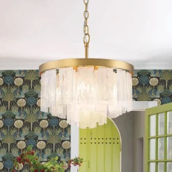 Brass Round Tiered Opal Swirl Glass Pendant Chandelier