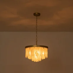 Brass Round Tiered Opal Swirl Glass Pendant Chandelier