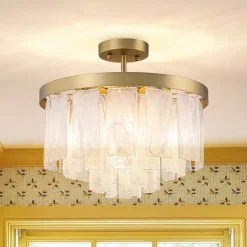 Brass Round Tiered Opal Swirl Glass Pendant Chandelier