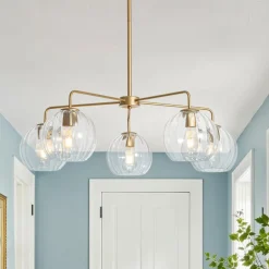 Brass Striped Ribbed Glass Globe 5-light Sputnik Chandelier