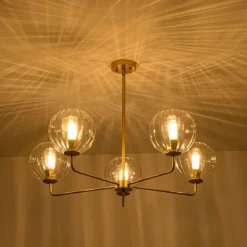 Brass Striped Ribbed Glass Globe 5-light Sputnik Chandelier
