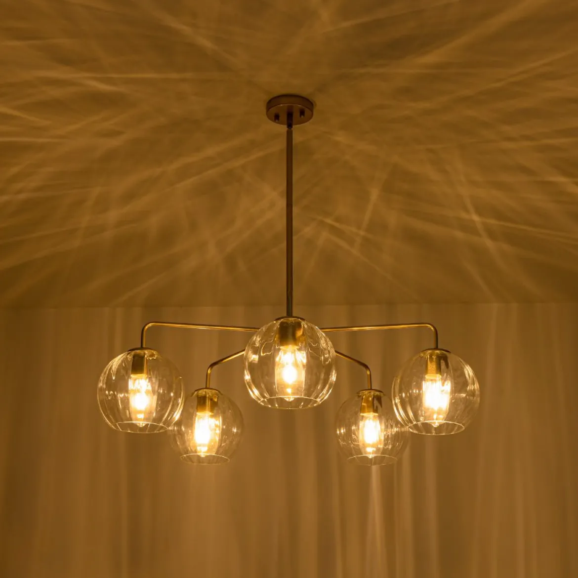 Brass Striped Ribbed Glass Globe 5-light Sputnik Chandelier