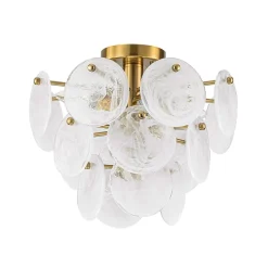 Brass Tiered Opal Swirl Glass Semi Flush Chandelier