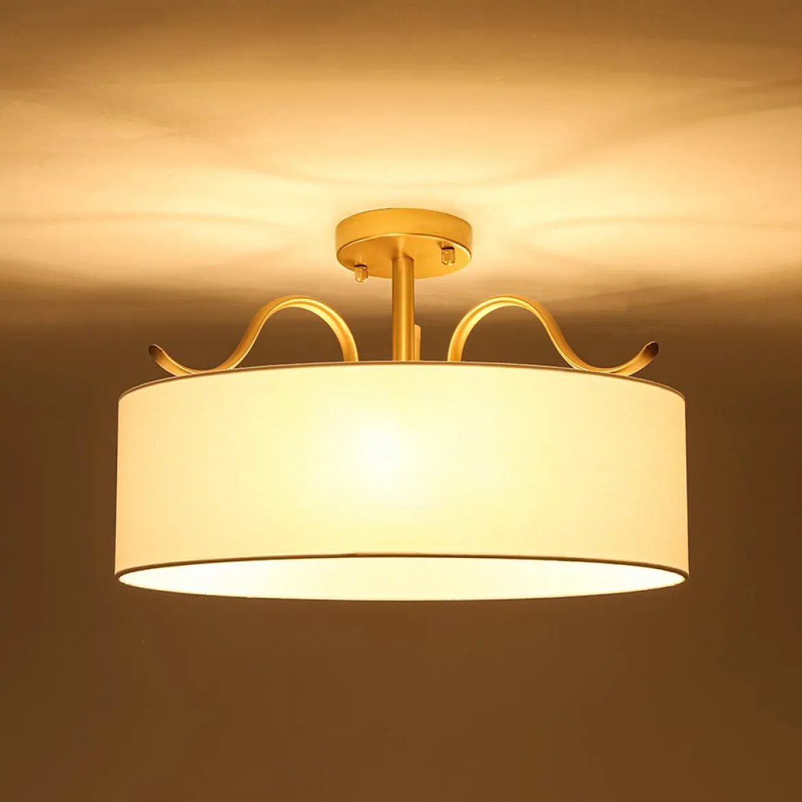 Brass White Fabric Drum Cage Semi Flush Dual Mount Chandelier