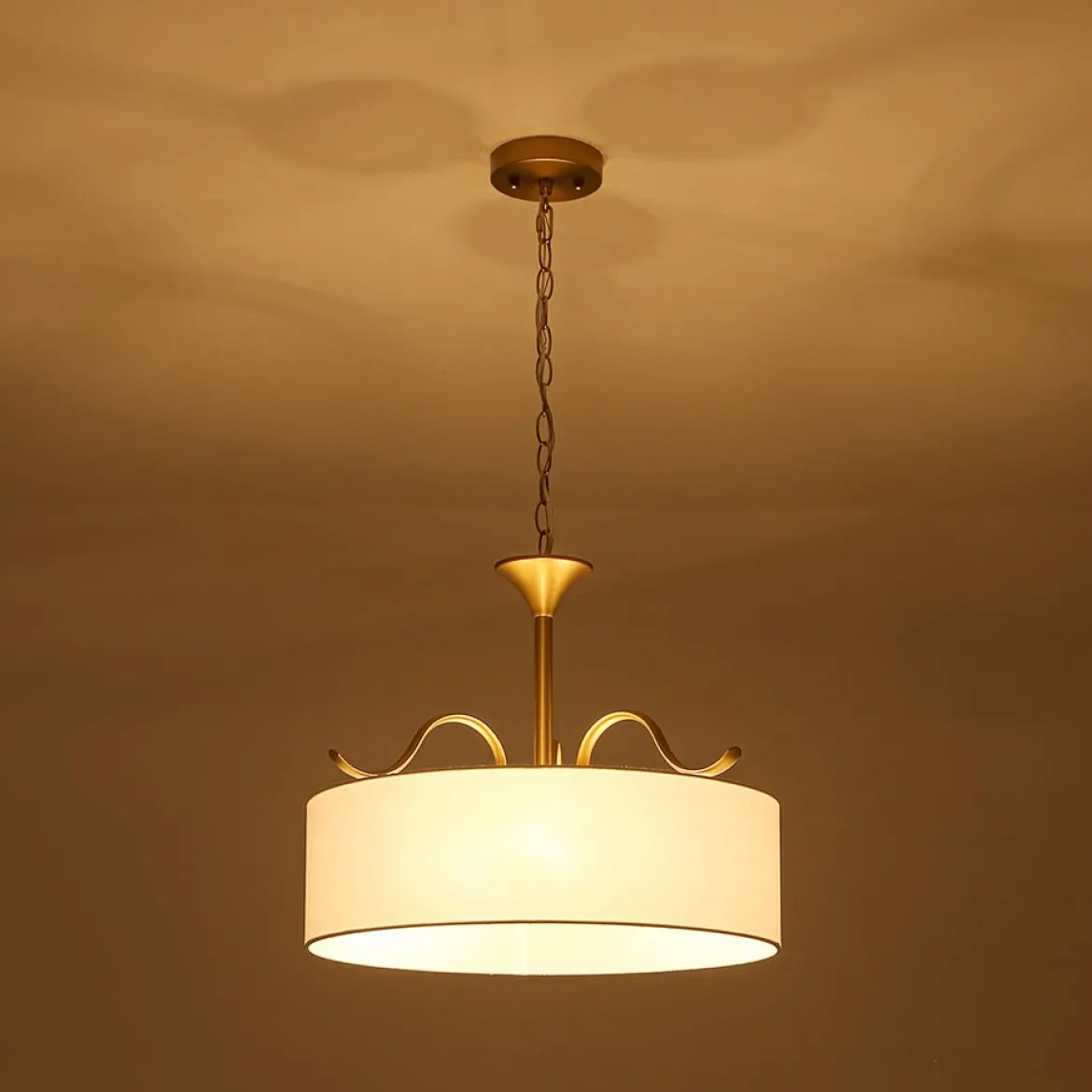 Brass White Fabric Drum Cage Semi Flush Dual Mount Chandelier
