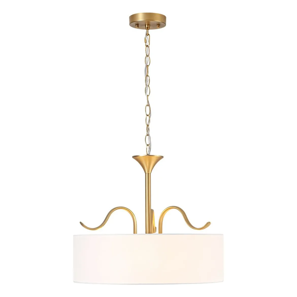 Brass White Fabric Drum Cage Semi Flush Dual Mount Chandelier