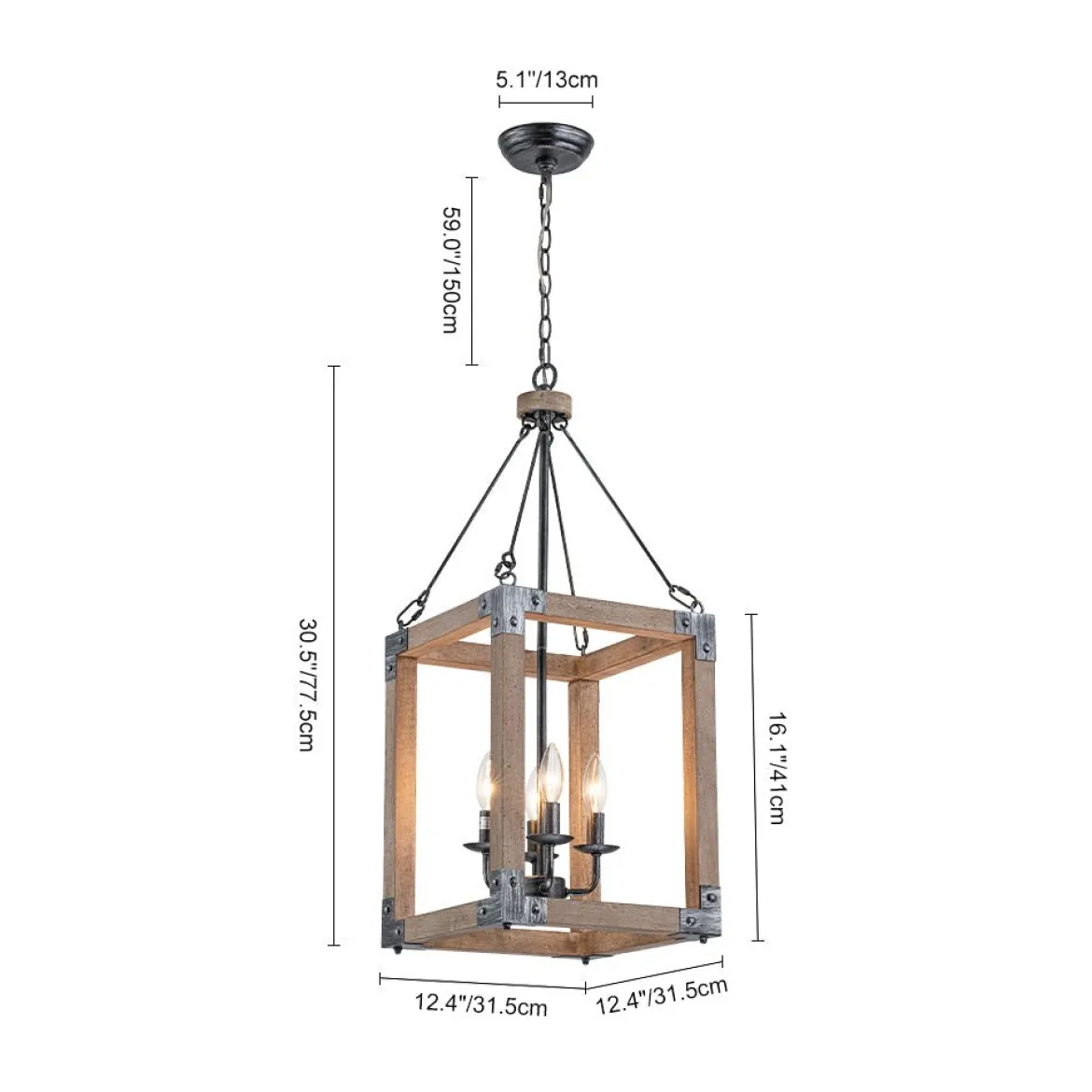Candle Style Weathered Wooden Square Cage Pendant Light