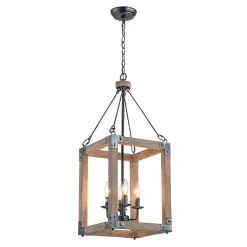 Candle Style Weathered Wooden Square Cage Pendant Light