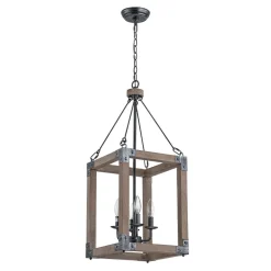 Candle Style Weathered Wooden Square Cage Pendant Light