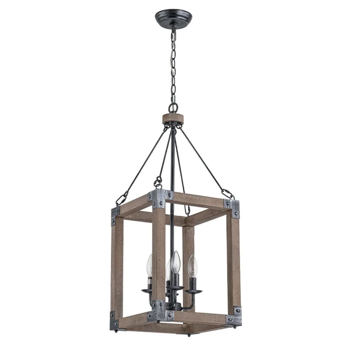 Candle Style Weathered Wooden Square Cage Pendant Light