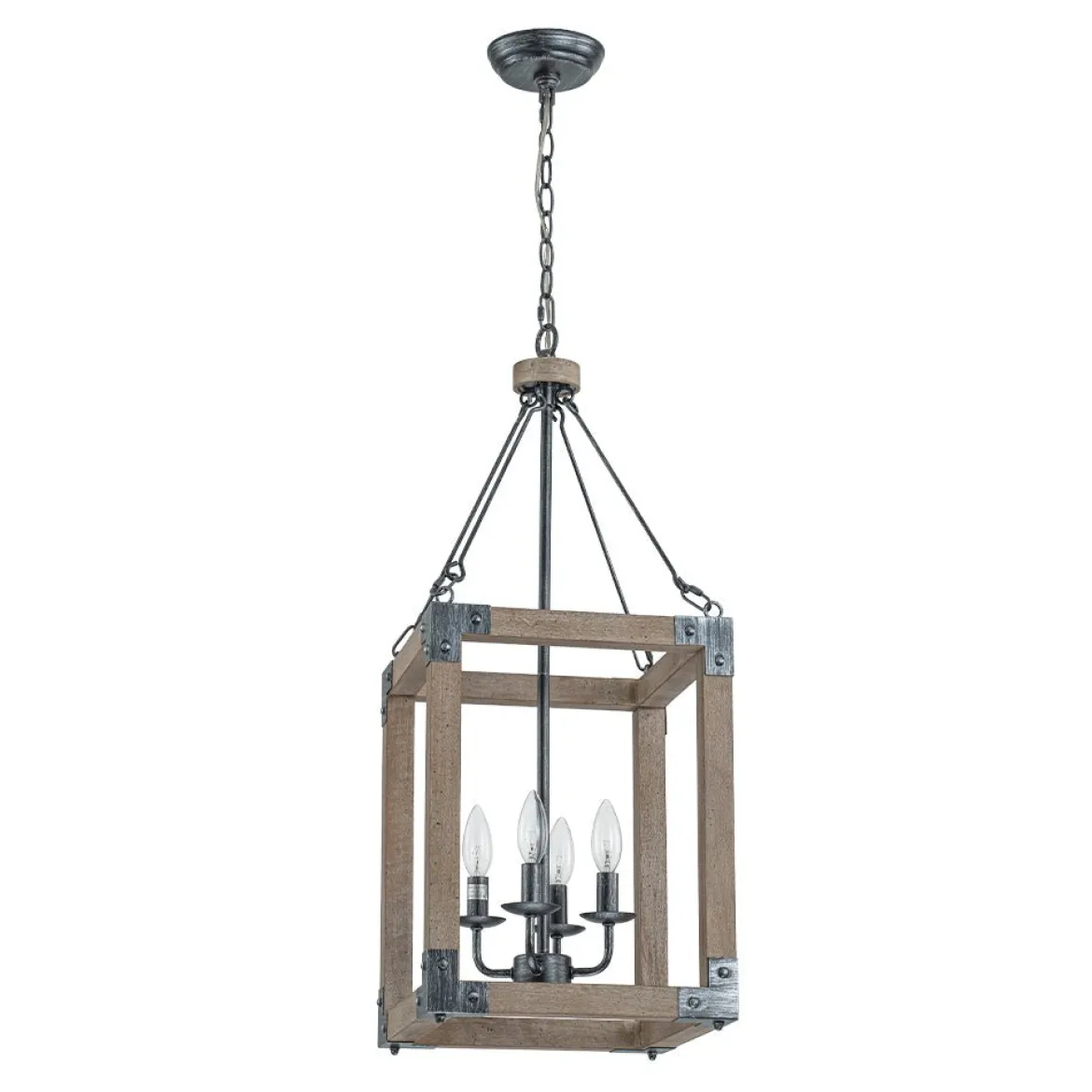 Candle Style Weathered Wooden Square Cage Pendant Light