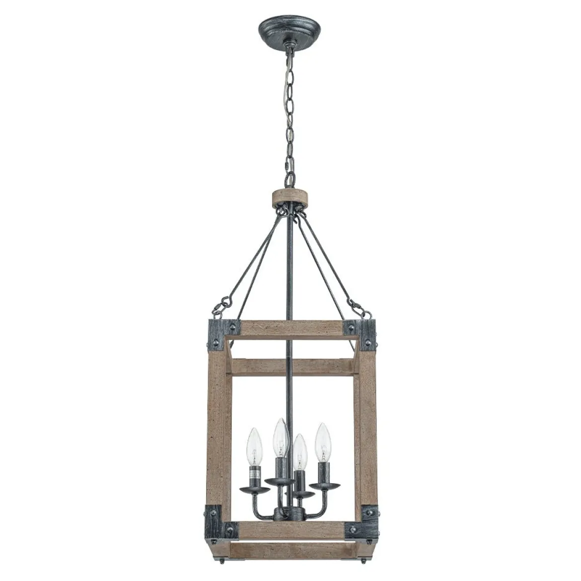 Candle Style Weathered Wooden Square Cage Pendant Light