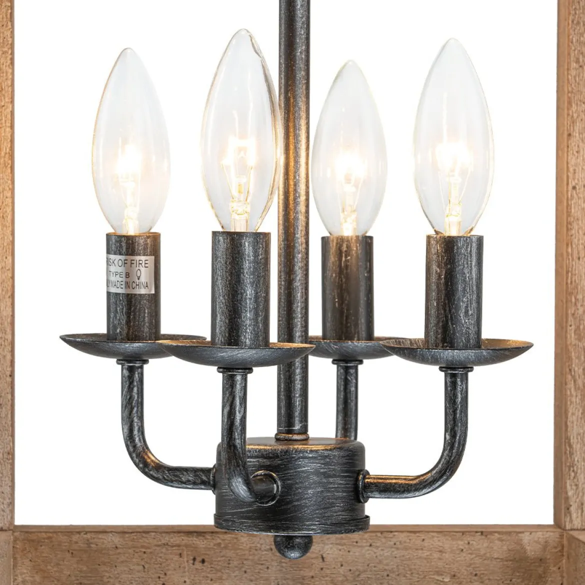 Candle Style Weathered Wooden Square Cage Pendant Light