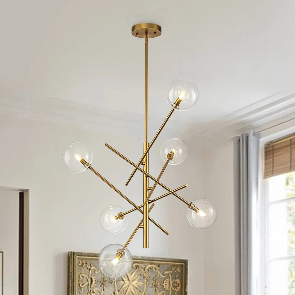Celestial Glass Globe Sputnik Chandelier - Adjustable Linear Arm