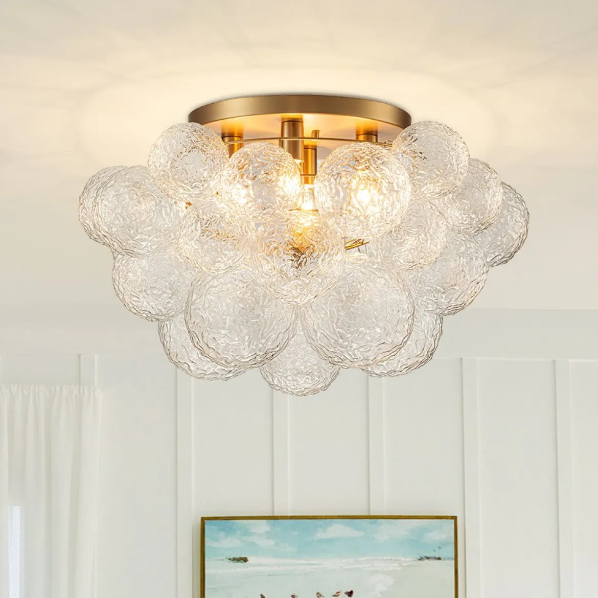Cluster Rippled Glass Bubble Round Semi Flush Chandelier