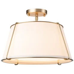 Contemporary Wide Linen Drum Brass Semi Flush Mount