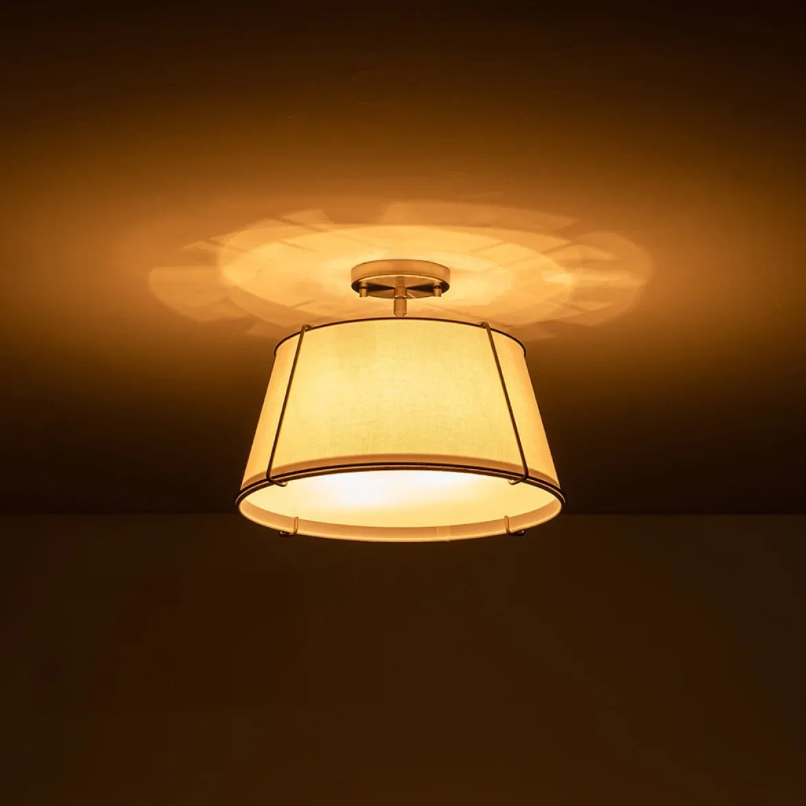 Contemporary Wide Linen Drum Brass Semi Flush Mount