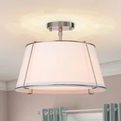 Contemporary Wide Linen Drum Brass Semi Flush Mount