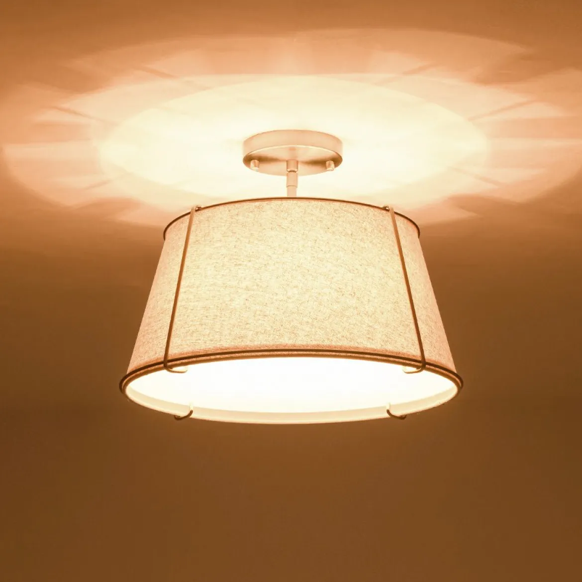 Contemporary Wide Linen Drum Brass Semi Flush Mount