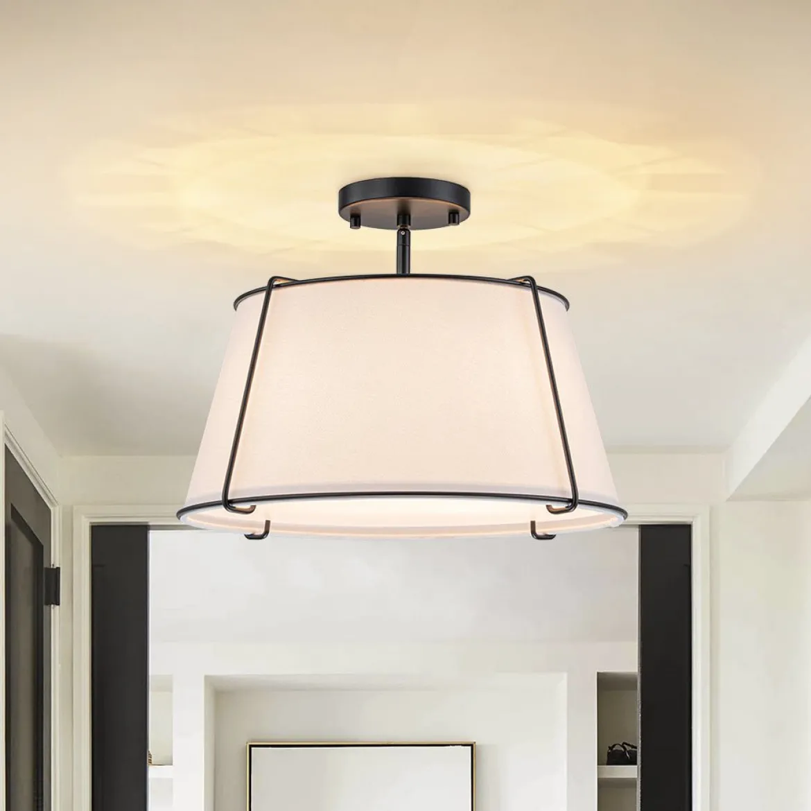 Contemporary Wide Linen Drum Brass Semi Flush Mount