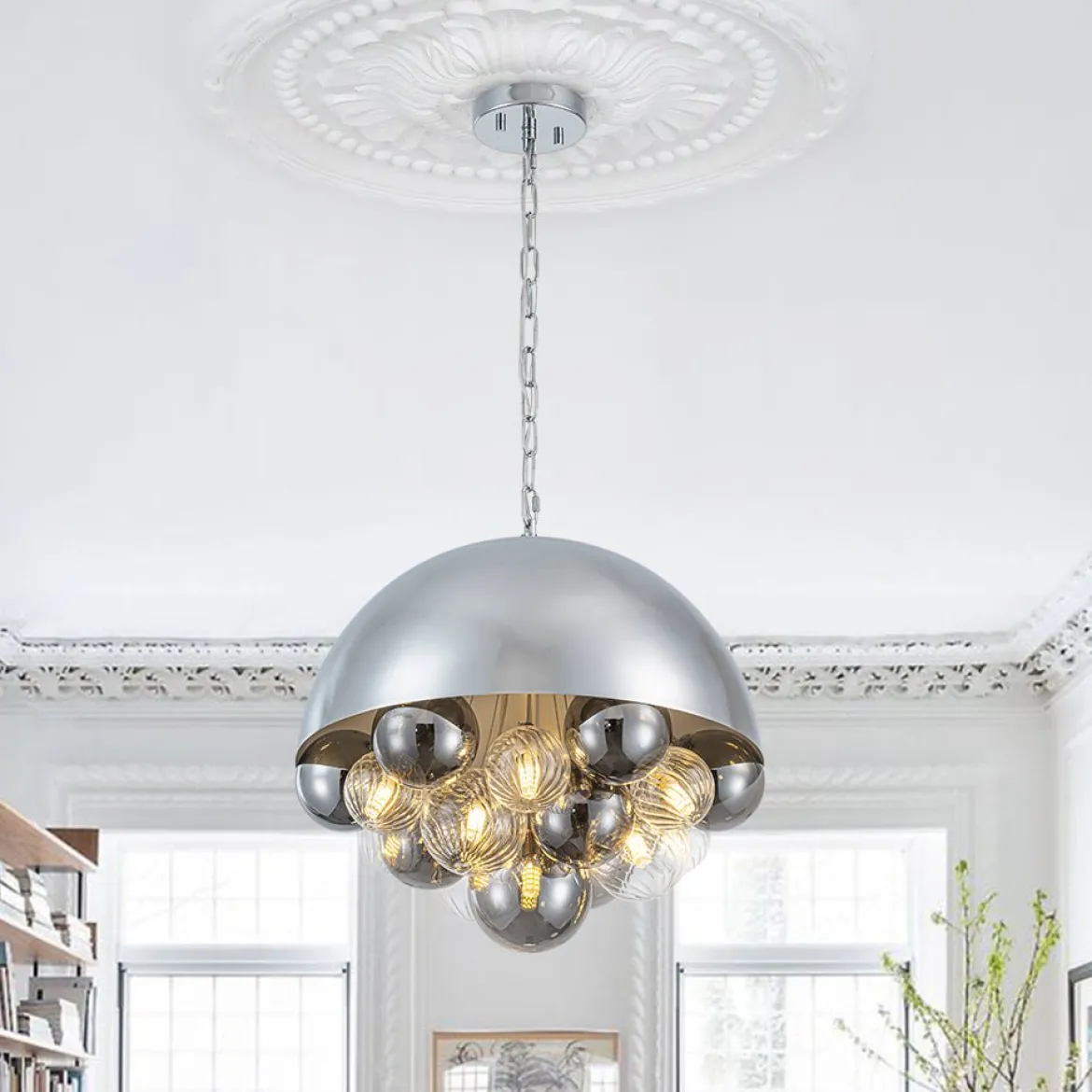 Designer Cluster Glass Globe Metal Dome Pendant Light