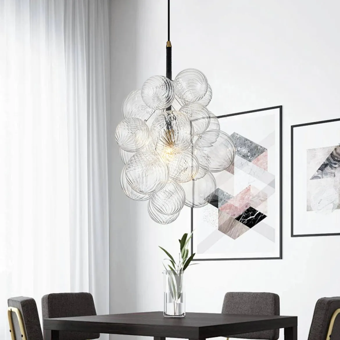 Dimmable Cluster Ribbed Glass Bubble Chandelier Pendant Light