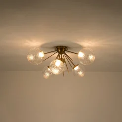 Dimmable LED 6-Light Ripple Glass Sputnik Semi Flush Chandelier