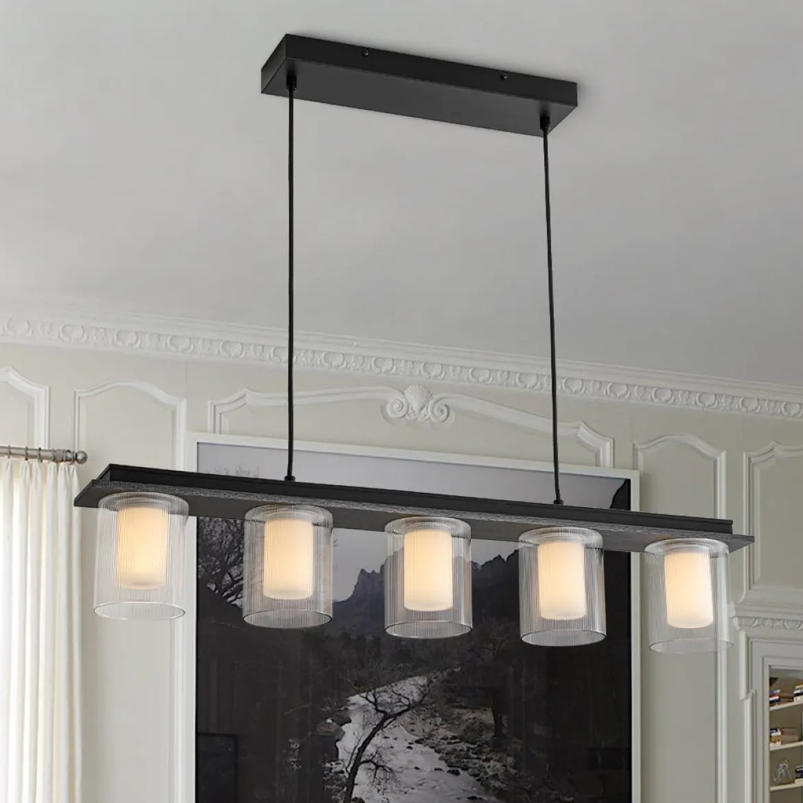 Dimmable LED Ribbed Glass Shade Kitchen Island Chandelier