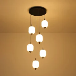 Dimmable LED Ribbed White Glass 6-Light Cluster Round Pendant