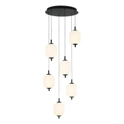 Dimmable LED Ribbed White Glass 6-Light Cluster Round Pendant