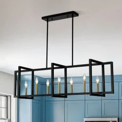 Farmhouse Candle Style Linear Rectangular Cage Island Chandelier