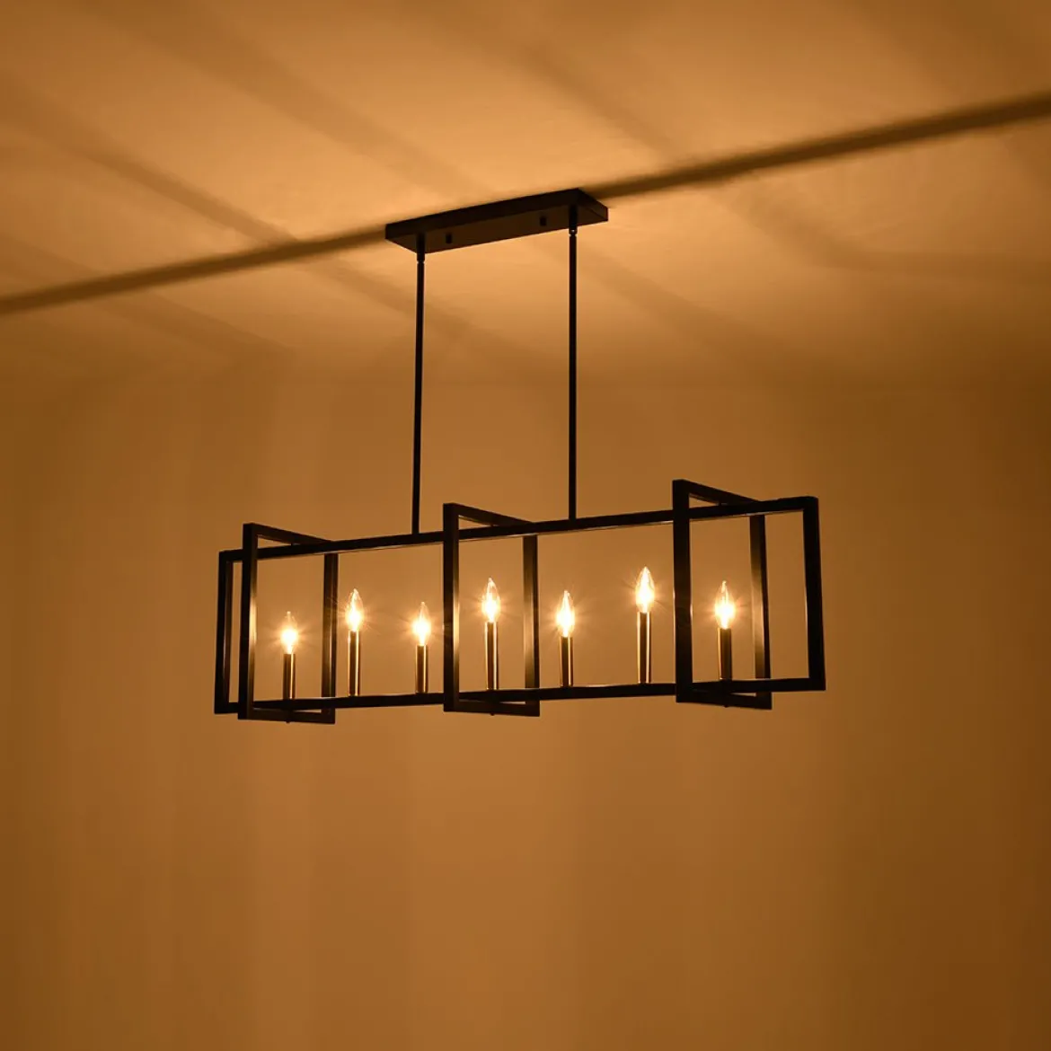 Farmhouse Candle Style Linear Rectangular Cage Island Chandelier