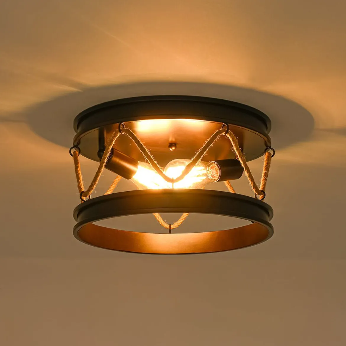Farmhouse 2-Light Hemp Rope Iron Drum Cage Flush Mount