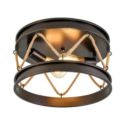 Farmhouse 2-Light Hemp Rope Iron Drum Cage Flush Mount