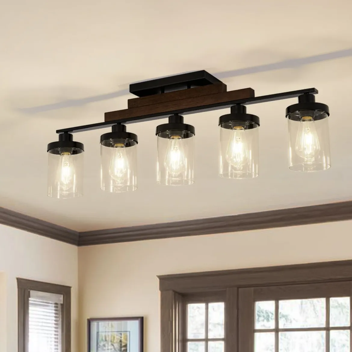 Farmhouse Linear Glass Wooden Kitchen Island Ceiling Light