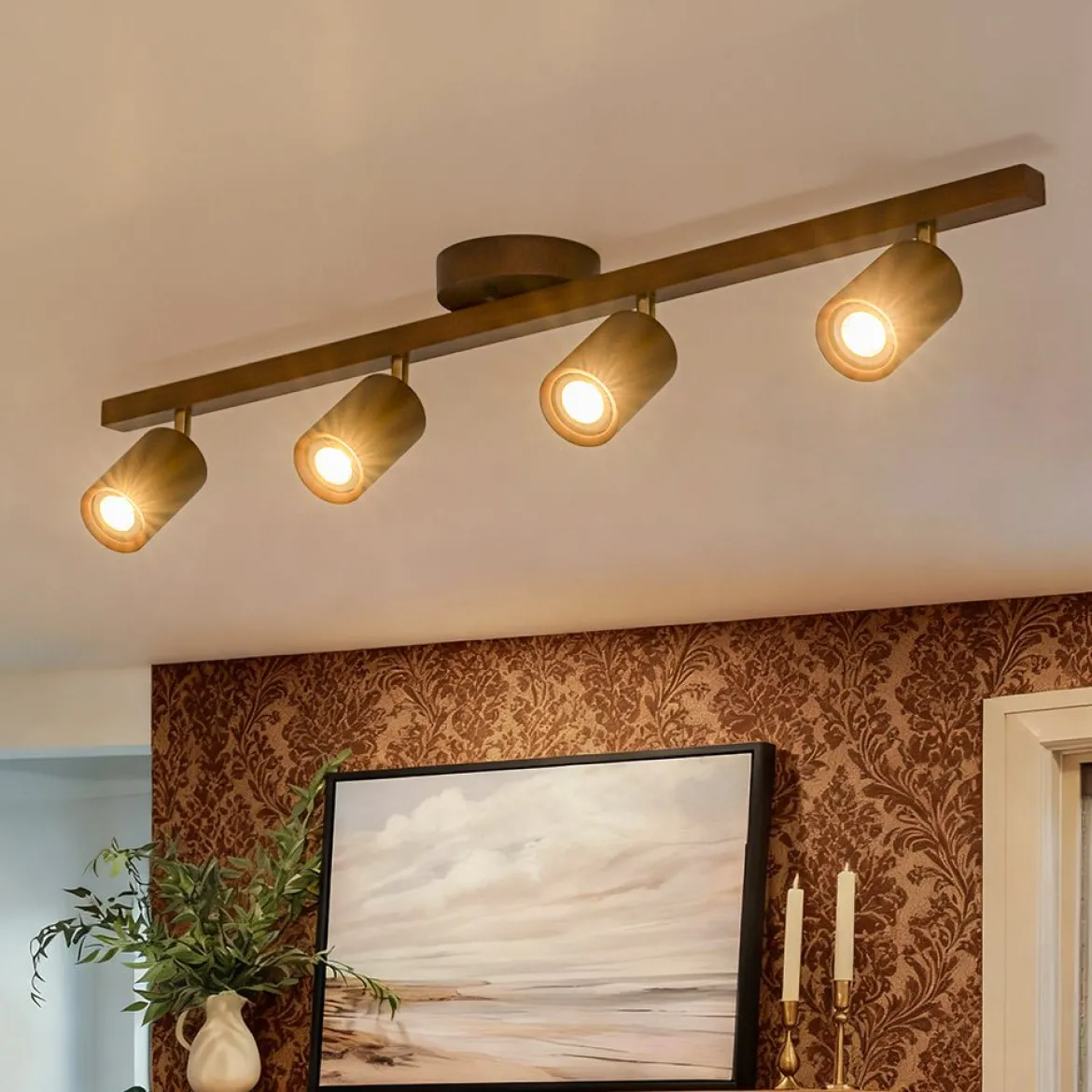 Farmhouse Walnut Wood 4-Light Linear Semi Flush Track Light