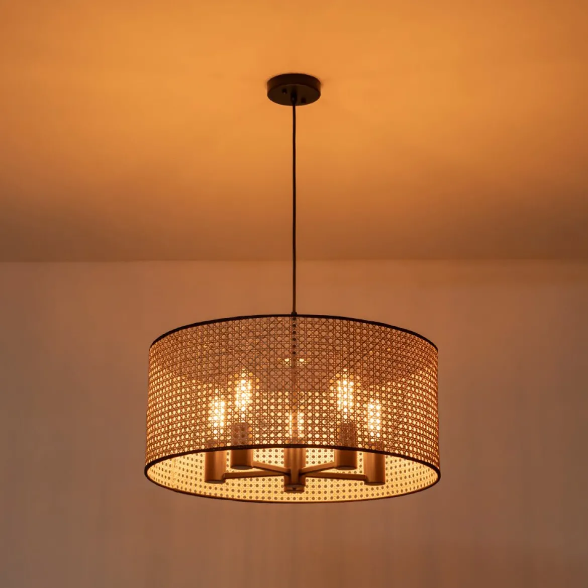 Farmhouse Wide Woven Rattan Drum Cage Pendant Light