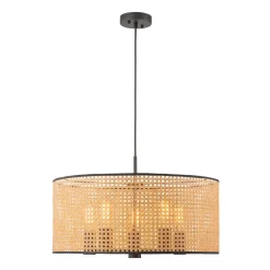 Farmhouse Wide Woven Rattan Drum Cage Pendant Light