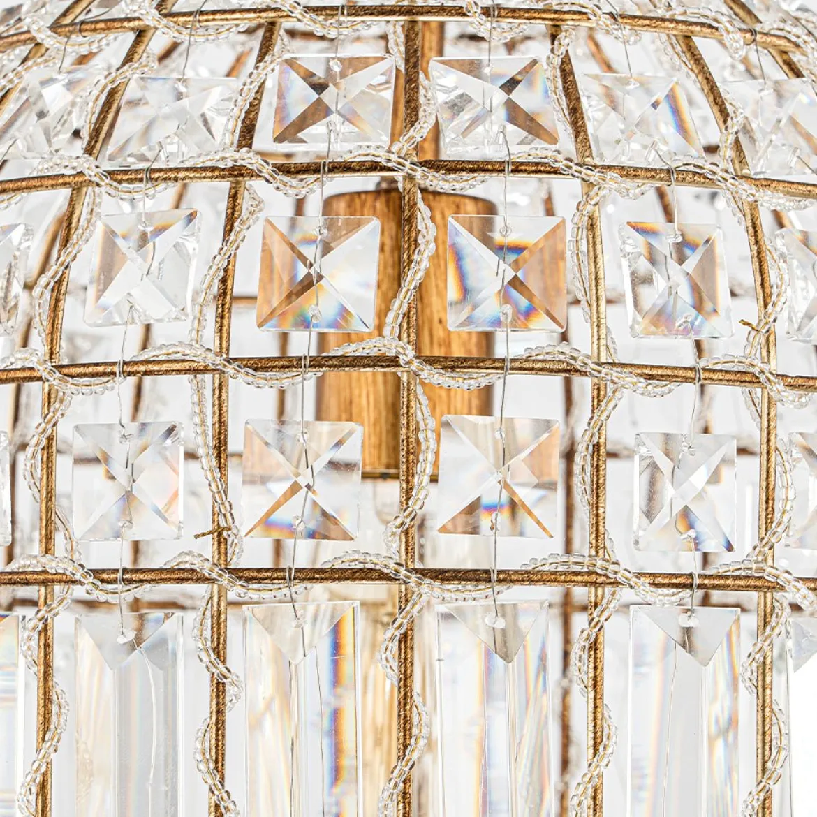French Antique Brass Crystal Cage Chandelier