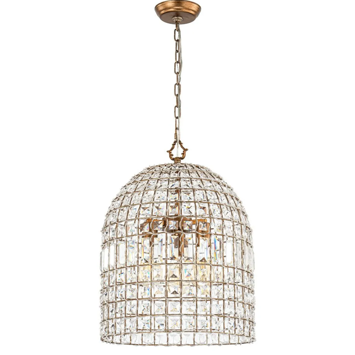 French Antique Brass Crystal Cage Chandelier