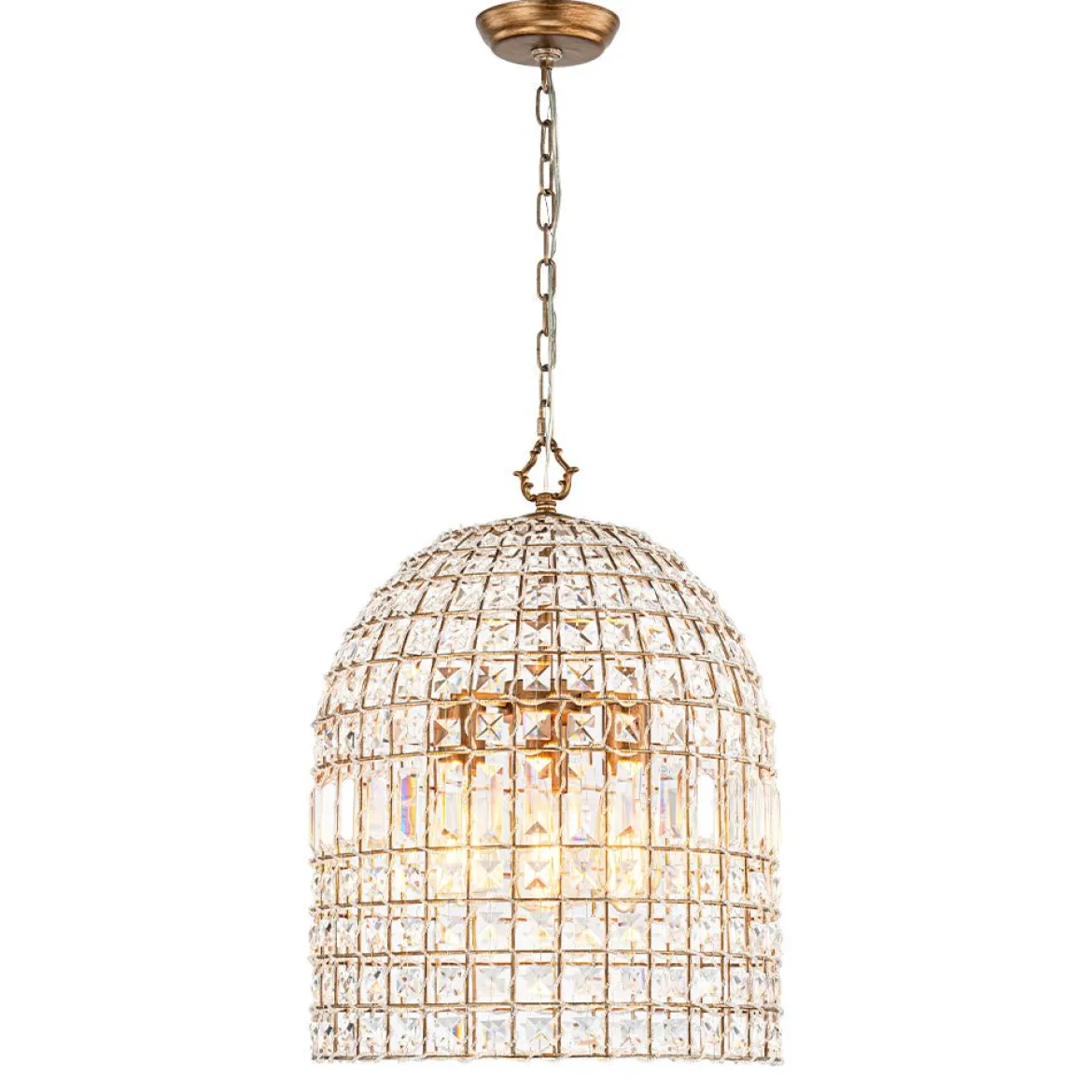 French Antique Brass Crystal Cage Chandelier