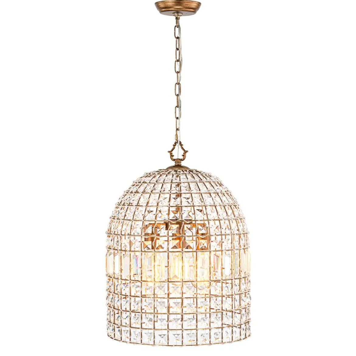 French Antique Brass Crystal Cage Chandelier