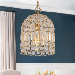 French Antique Brass Crystal Cage Chandelier