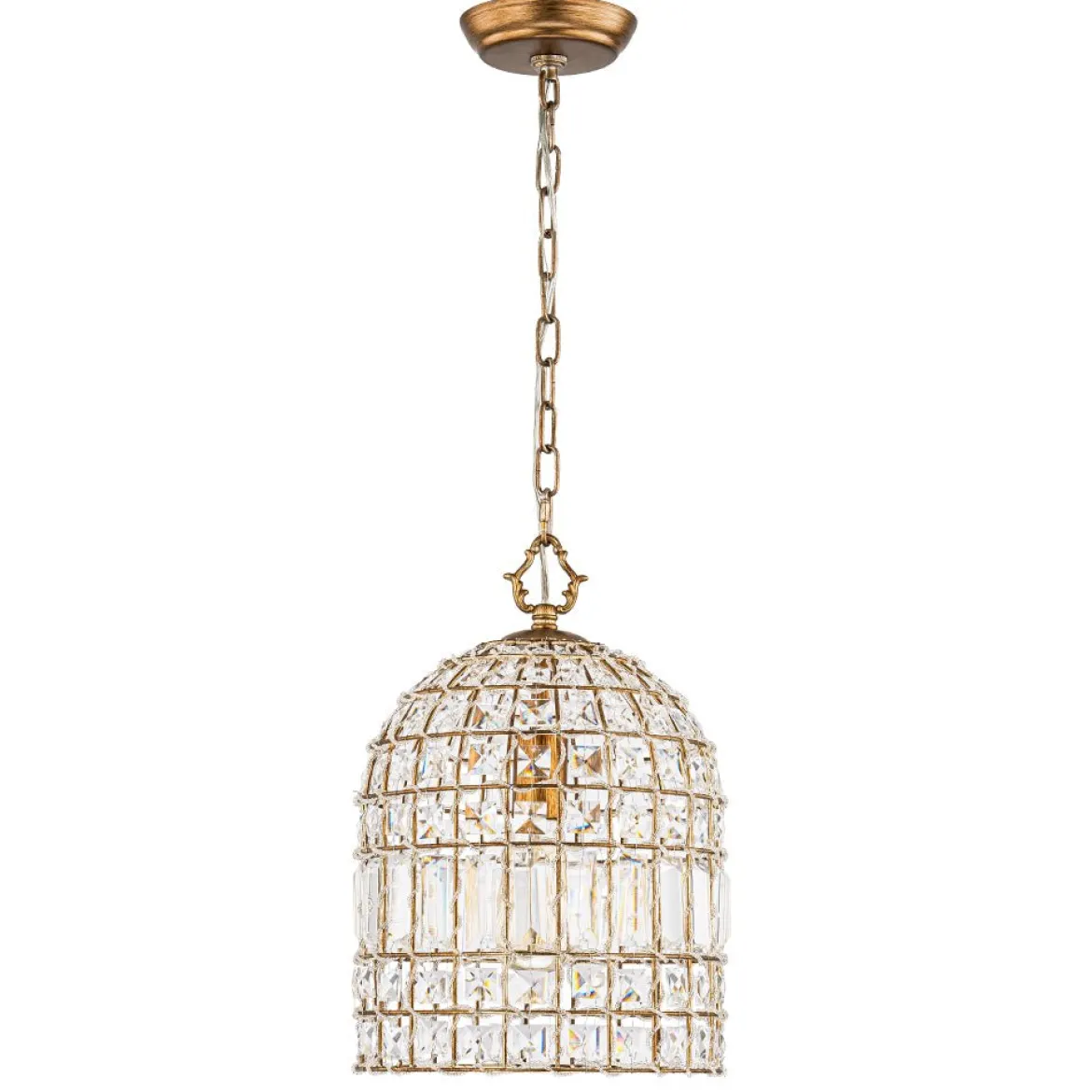 French Antique Brass Crystal Cage Chandelier