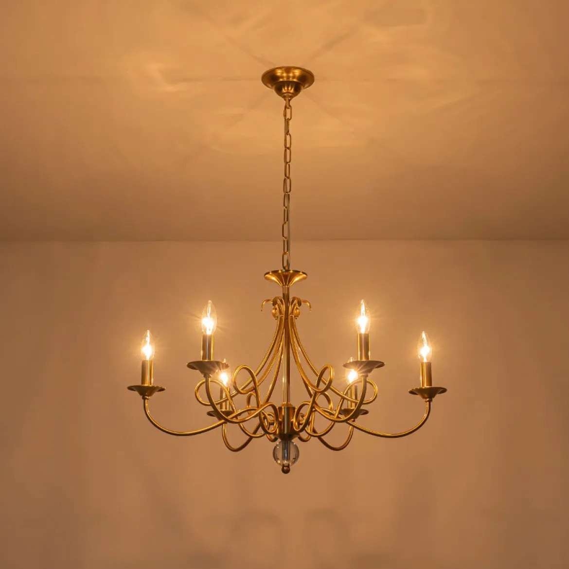 French Classic Brass Scrolling Candle Style Chandelier